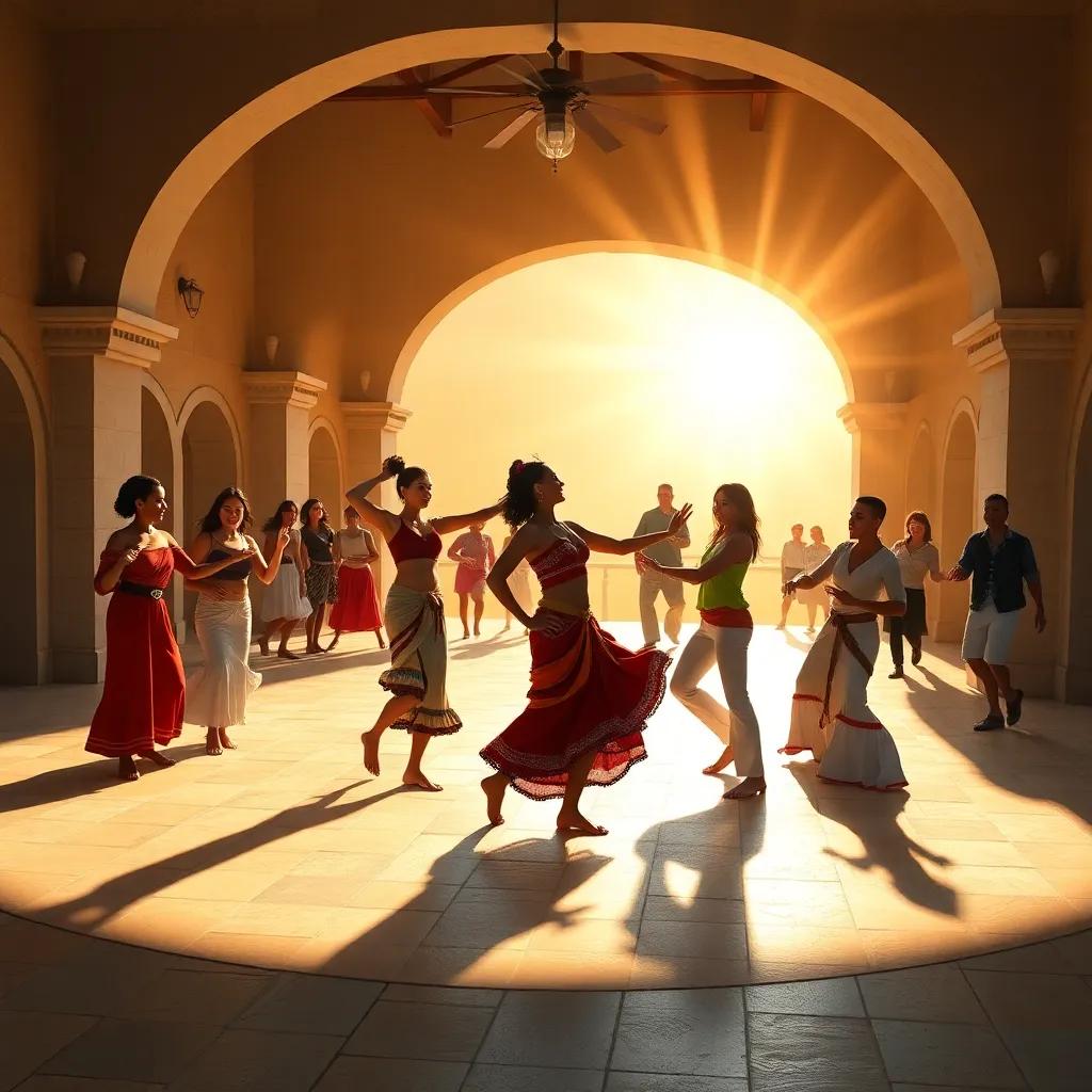 Ana, aprendendo capoeira com um grupo, em uma roda, todos dançando e se divertindo, sol radiante, arquitetura colonial ao fundo, energia positiva, arte digital, alegre