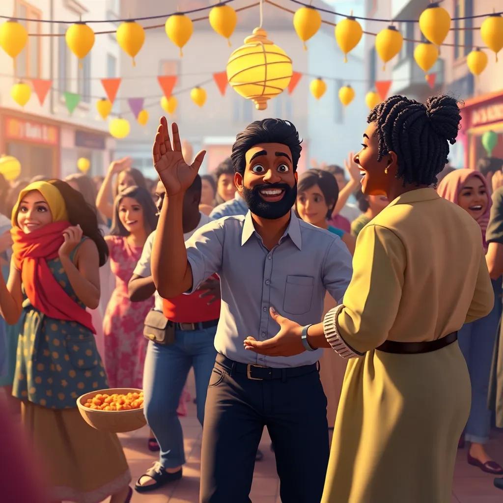 Uma festa com imigrantes europeus, dançando e cantando, pratos típicos no centro, cores festivas e cheiros apetitosos, digital art, festividade e alegria, estilo vibrante