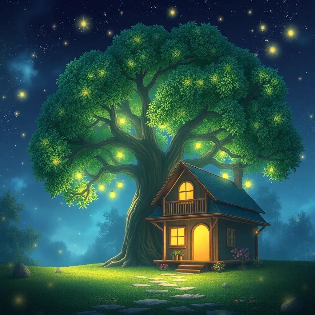 A árvore mágica, agora no fundo da casa de Ana, com folhas brilhantes, uma atmosfera mágica, digital art, encantador e vibrante, próximo