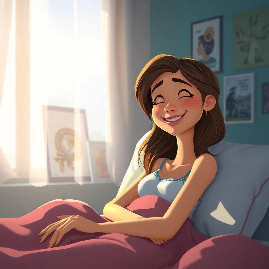 Ana acordando do sonho, com um sorriso no rosto, representando suas raízes, em sua cama com posters culturais ao fundo, cores quentes, digital art, realista e inspirador