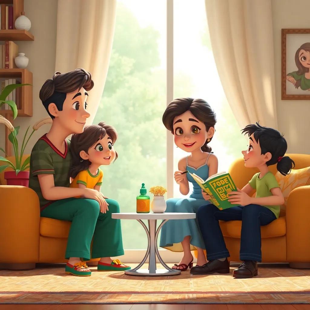 Ana conversando com sua família, animada e compartilhando histórias, muito calor humano na sala, decoração brasileira ao redor, digital art, acolhedor e vibrante