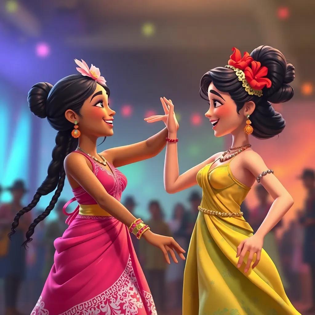 Ana se sentindo orgulhosa, com um fundo de diversas culturas se unindo na dança, representando unidade, digital art, colorido e inspirador