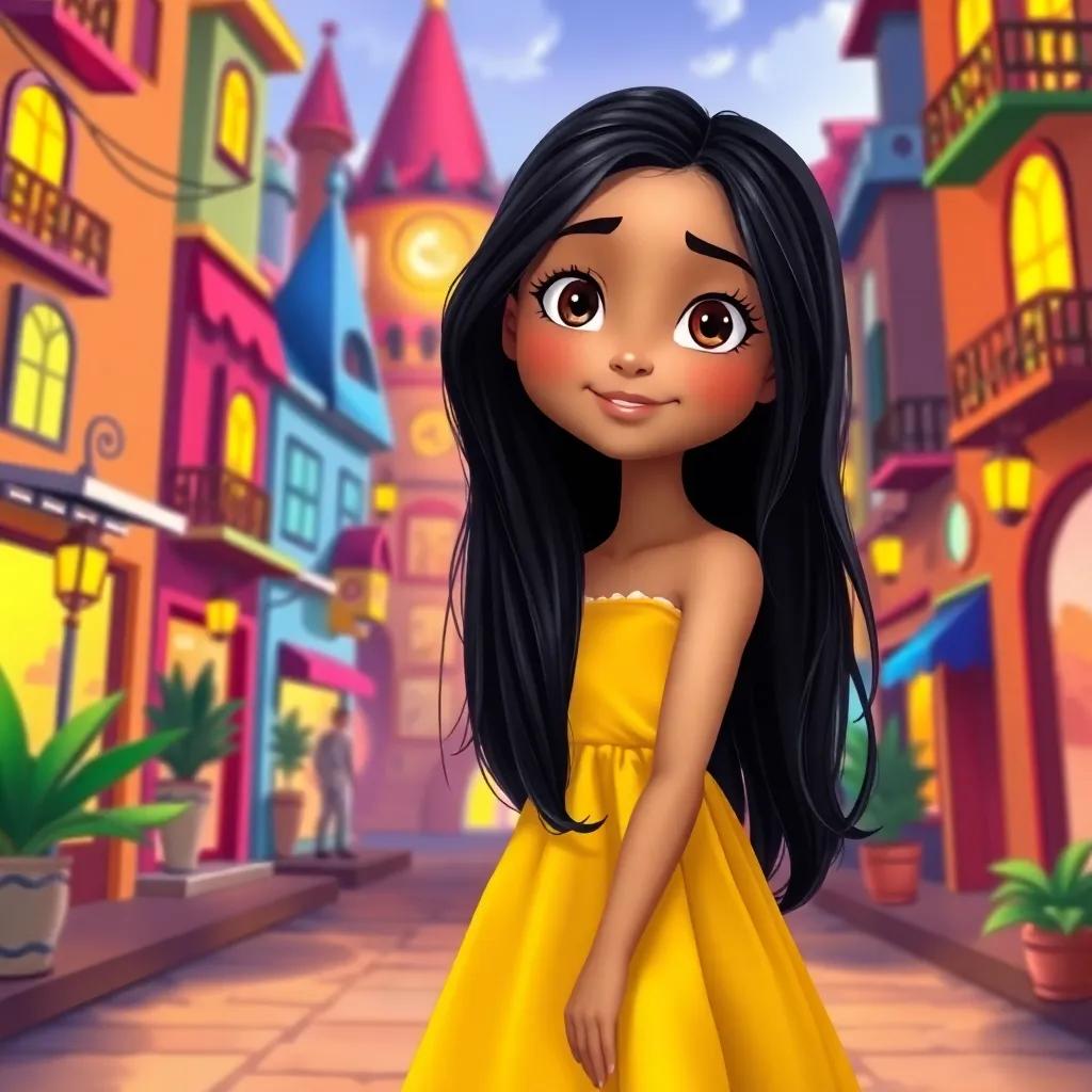 A young girl named Luna, a Brazilian girl with long black hair wearing a bright yellow dress, standing at the entrance of a magical city with colorful streets, shadows dancing around her, whimsical art, vibrant colors, inviting atmosphere, high quality