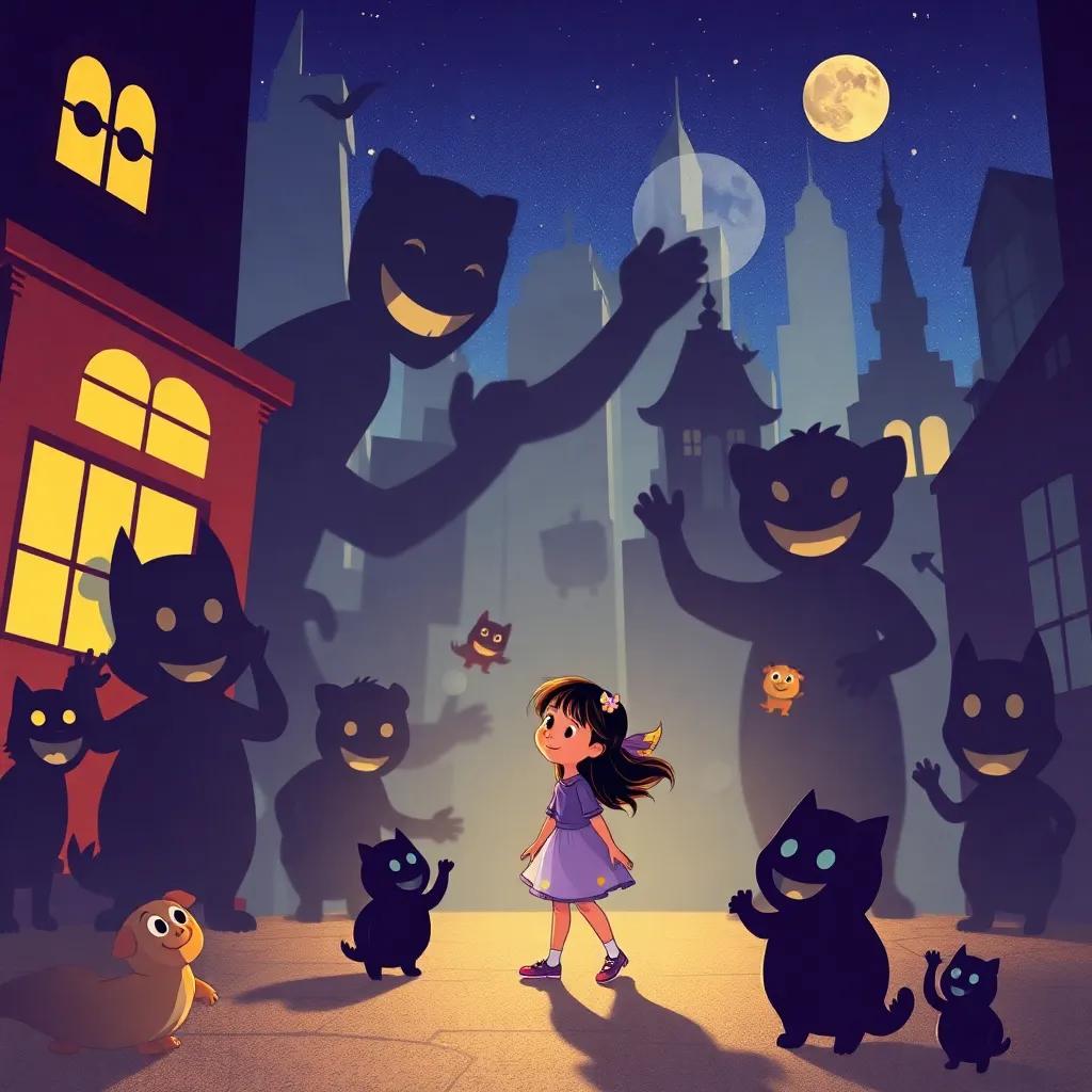 Various shadows, some large and other small, with funny faces and animal shapes, surrounding Luna as she explores the city, child-friendly illustration, cheerful, magical feeling, bright colors