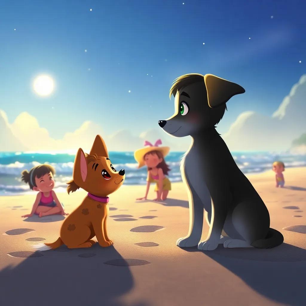 Luna listening to a dog shadow telling its story about playing on the beach, with children laughing in the background, enchanting scene, colorful, lively, storytelling atmosphere, bright details