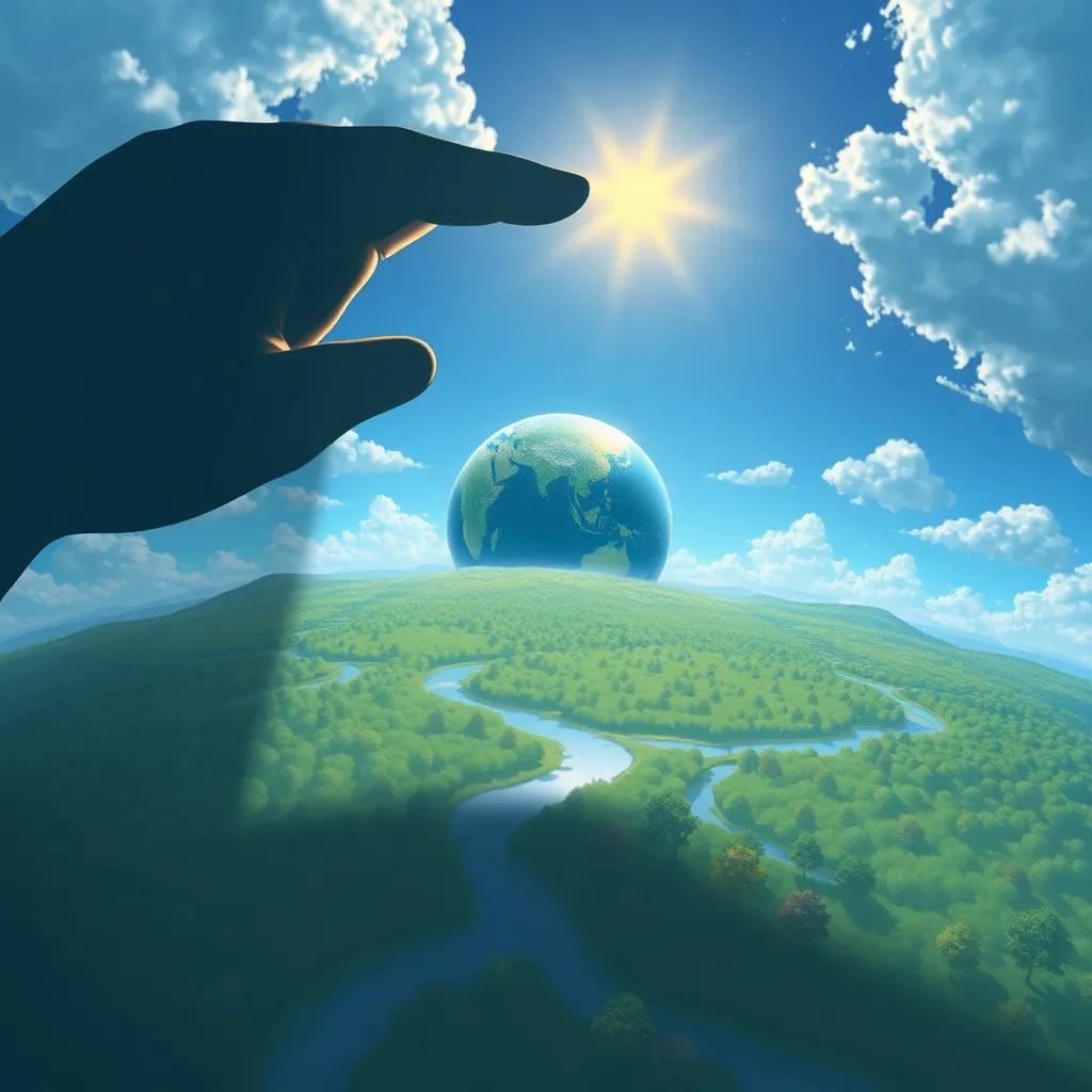 A star shadow sharing its view of the world from the sky, with trees and rivers illustrated under it, creating a joyful vibe, detailed art, imaginative, high quality
