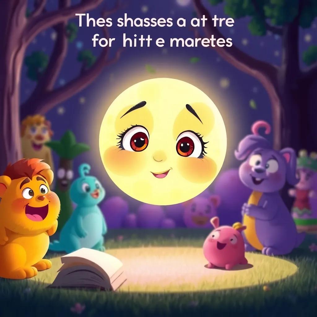 Luna with shining eyes asking the shadows for more stories, with colorful characters in the background nodding excitedly, heartwarming scene, vibrant illustration, cheerful theme, animated style