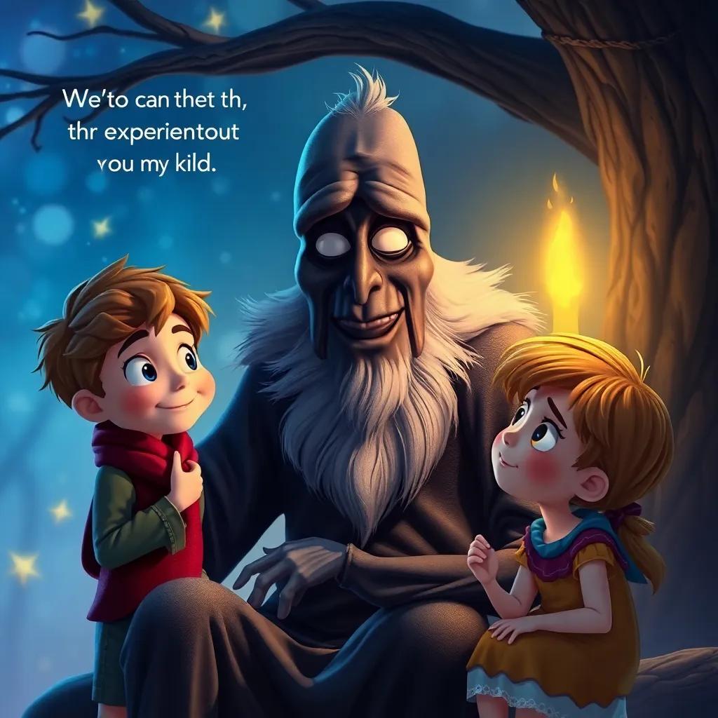 An old shadow with wise expressions telling the importance of experiences to children, set in a magical atmosphere, wise and thoughtful vibe, colorful, expressive details