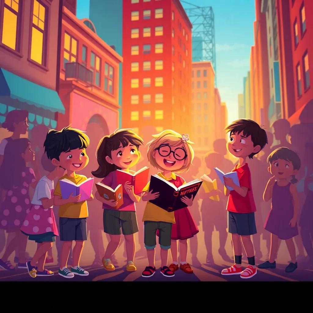 Children in the city sharing their own stories, surrounded by lively shadows dancing joyfully around them, community vibe, colorful celebration of life, heartfelt message