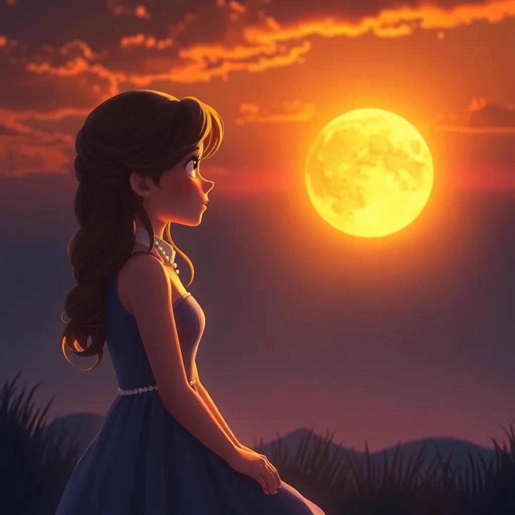 Luna looking at the shiny shadows at sunset, promising to cherish her experiences, with a warm golden light illuminating the scene, sentimental and beautiful, dreamy art