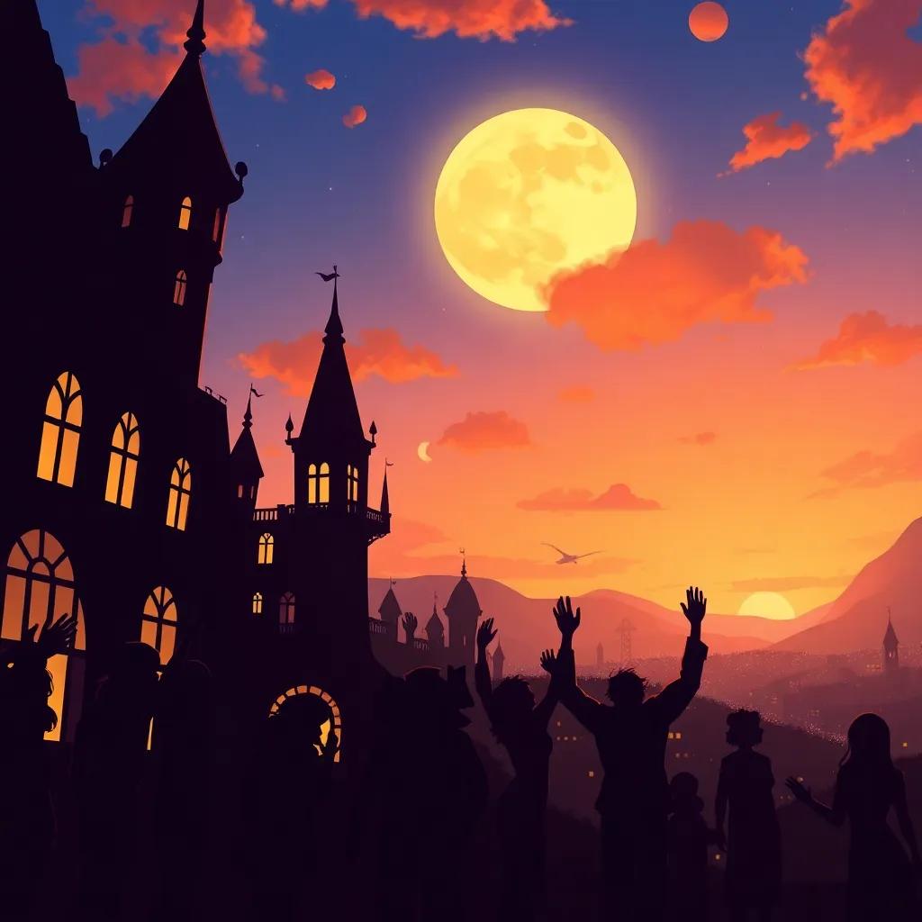 A view of the shadow city waving goodbye to Luna as she leaves, shadows happily dancing, under a sunset sky, colorful, bright, farewell with joy, enchanting illustration