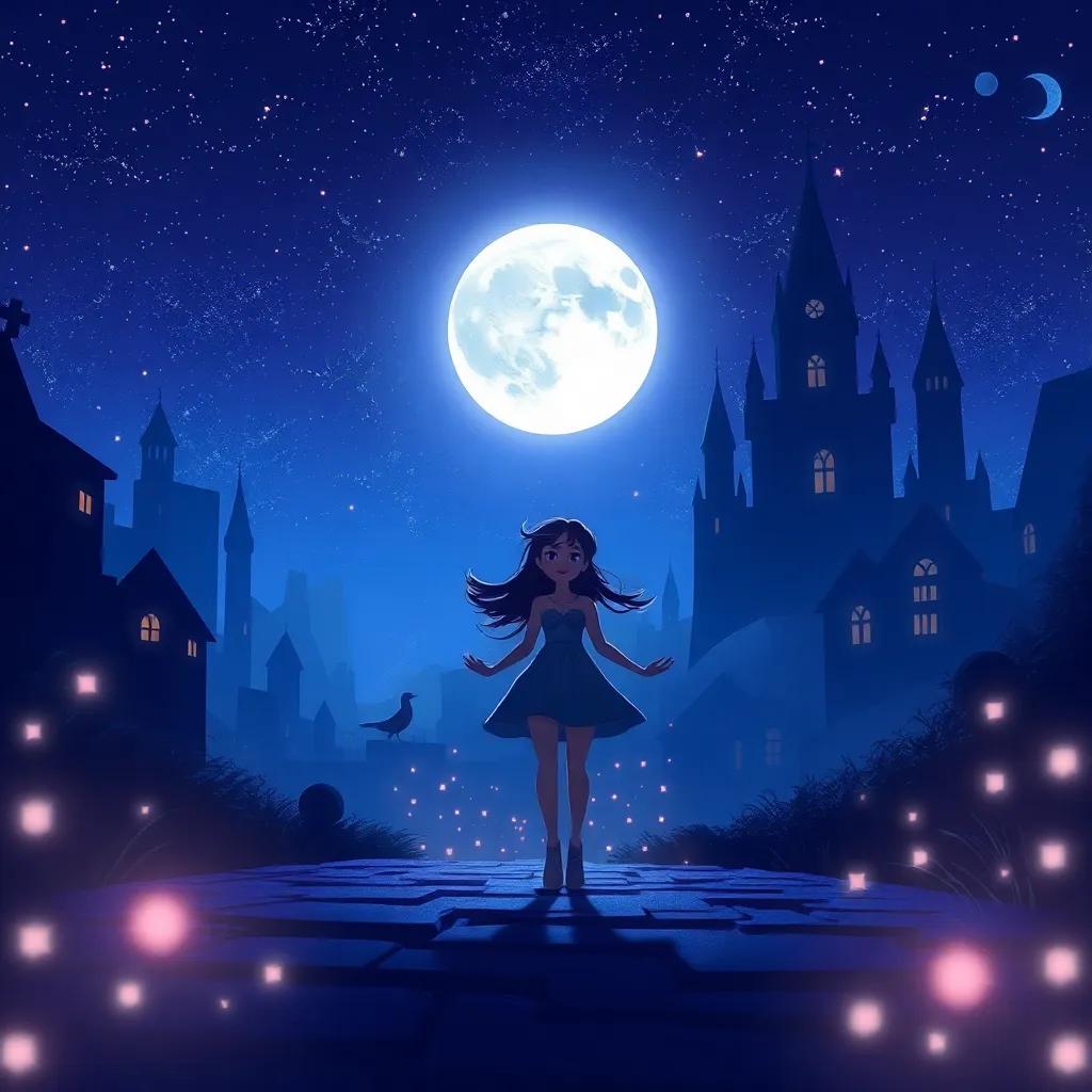 Luna walking away from the shadow city with a smile, the shadows in her heart, under a starlit sky as they twinkle, magical and serene, with soft color tones, heartwarming image
