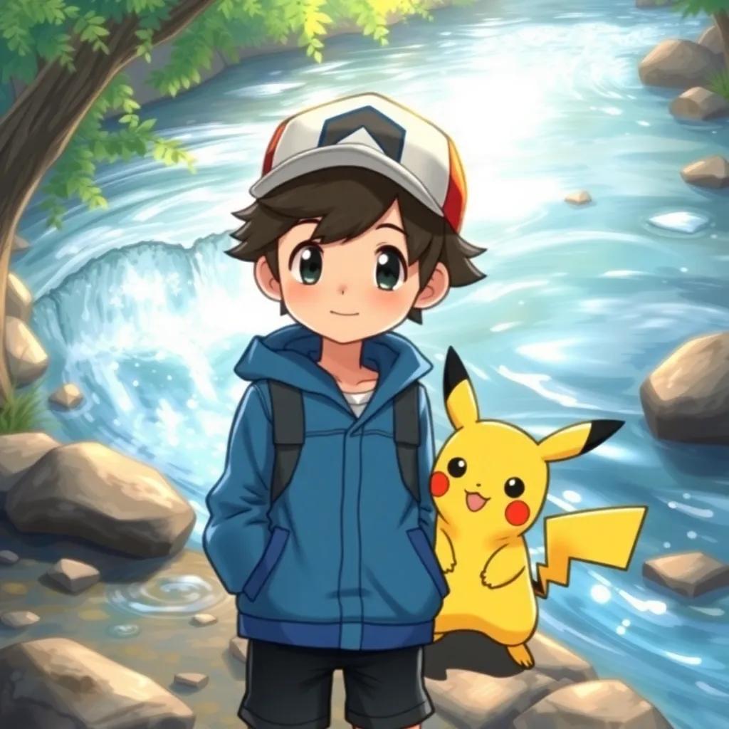 Ash, a young boy with a cap and blue jacket, standing by a sparkling stream with Pikachu beside him, with water glistening under the sun, illustration, playful, inviting, child-friendly, high quality