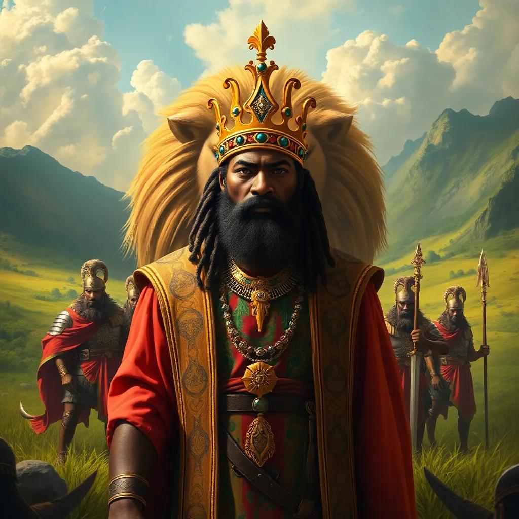 Attah Ameh Oboni, a strong king with a golden crown and colorful robes, standing in front of a fierce lion with warriors by his side, in a lush green landscape, dramatic light, intense colors, storytelling view, fantasy
