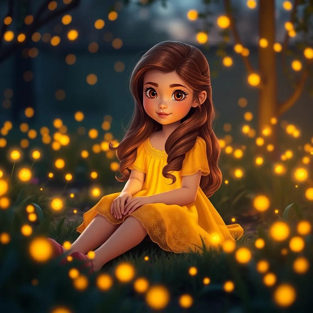 A little girl, Aurora, with long, wavy brown hair, wearing a bright yellow dress, sitting in a garden filled with glowing fireflies all around her, at twilight, digital art, warm glow, magical atmosphere, high quality