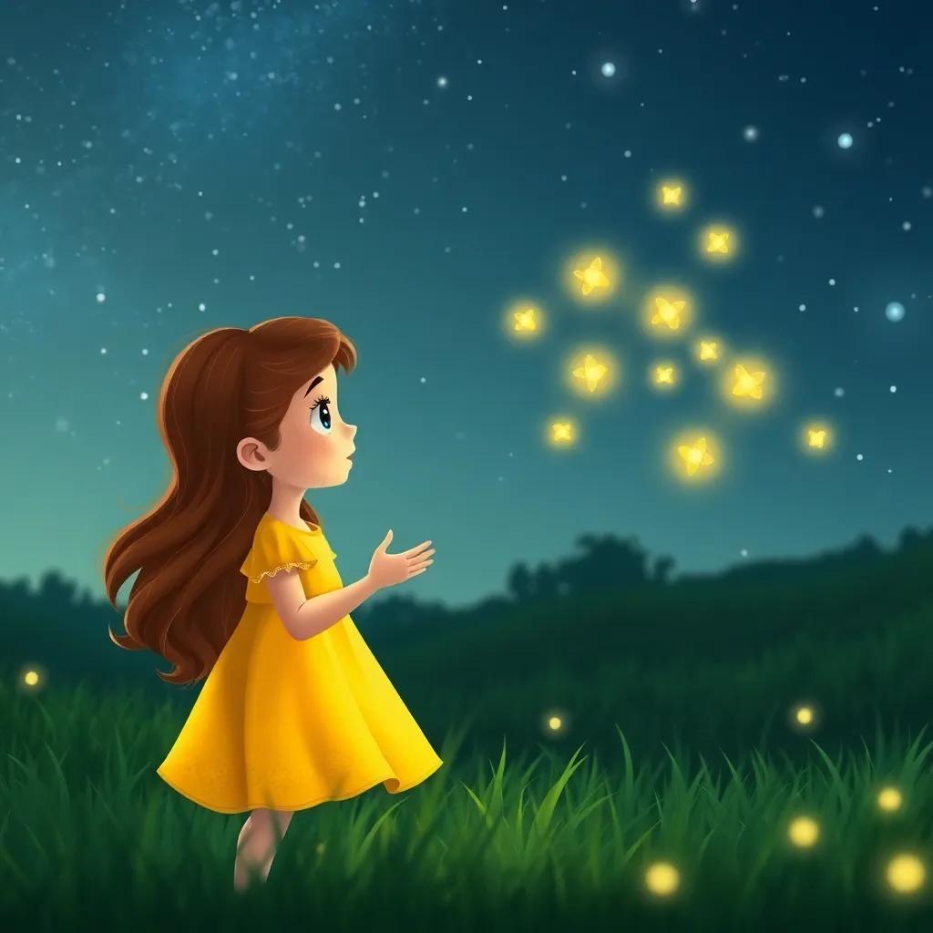 Aurora, a little girl with long, wavy brown hair in a yellow dress, talking to a group of glimmering fireflies in the air, in a lush green field under a starry night sky, whimsical style, vibrant colors, charming scene, high quality