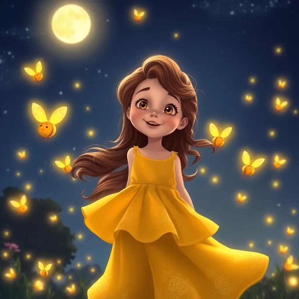 Aurora, a little girl with long, wavy brown hair in a yellow dress, leading fireflies as they fly together into a bright moonlit night sky, excitement on her face, friendly and joyful creatures, enchanting scene, colorful digital art, high quality