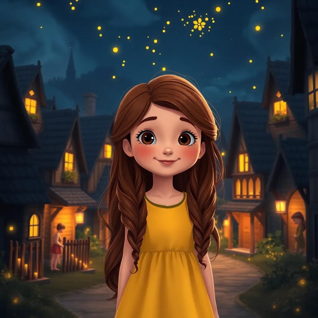 Aurora, a little girl with long, wavy brown hair in a yellow dress, standing in a dark sleepy village with fireflies lighting up houses, villagers peeking out, joyful expressions, warm light, cozy atmosphere, high quality