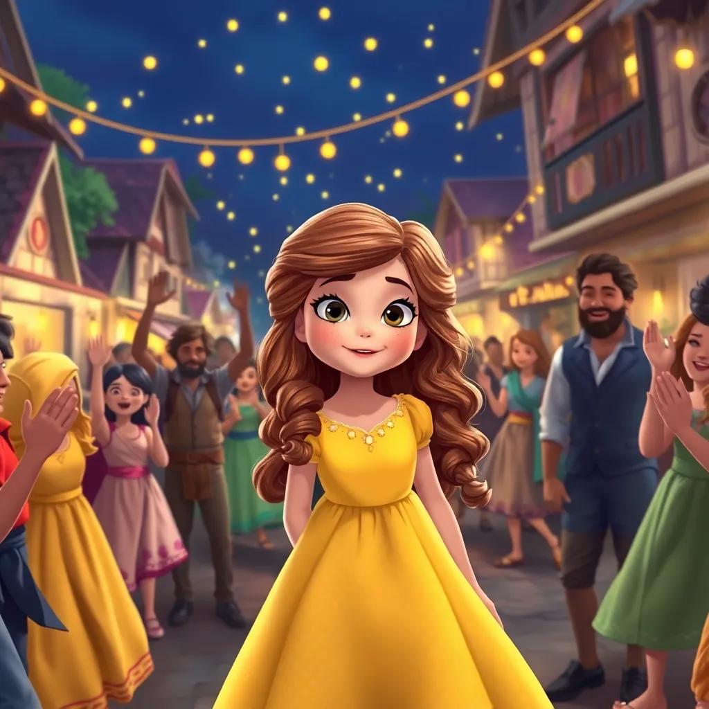 Aurora, a little girl with long, wavy brown hair in a yellow dress, surrounded by excited villagers dancing in the streets, fireflies twinkling above, cheerful celebration, full of colors, heartwarming scene, high quality