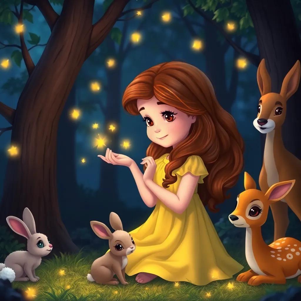 Aurora, a little girl with long, wavy brown hair in a yellow dress, gently waking up cute forest animals with bright fireflies, joyful scene with rabbits and deer, magical night atmosphere, colorful art, high quality