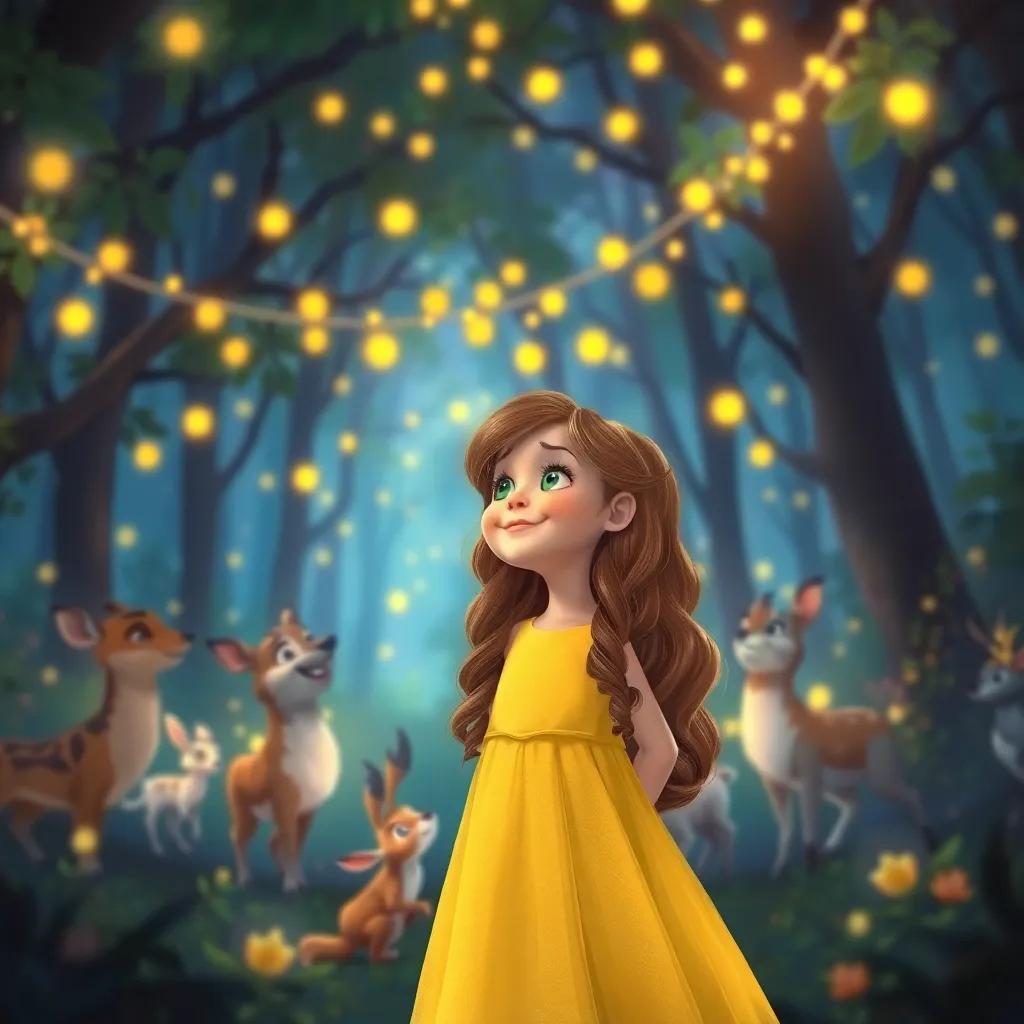 Aurora, a little girl with long, wavy brown hair in a yellow dress, watching as animals dance under firefly lights in the forest, filled with joy and laughter, stunning colors, magical vibe, high quality