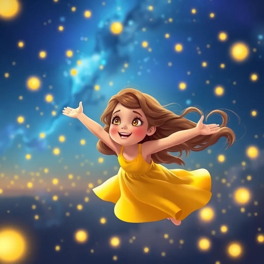 Aurora, a little girl with long, wavy brown hair in a yellow dress, flying high in the night sky with swirling fireflies and sparkling lights, feeling joyful and free, vibrant colors and enchanting atmosphere, high quality