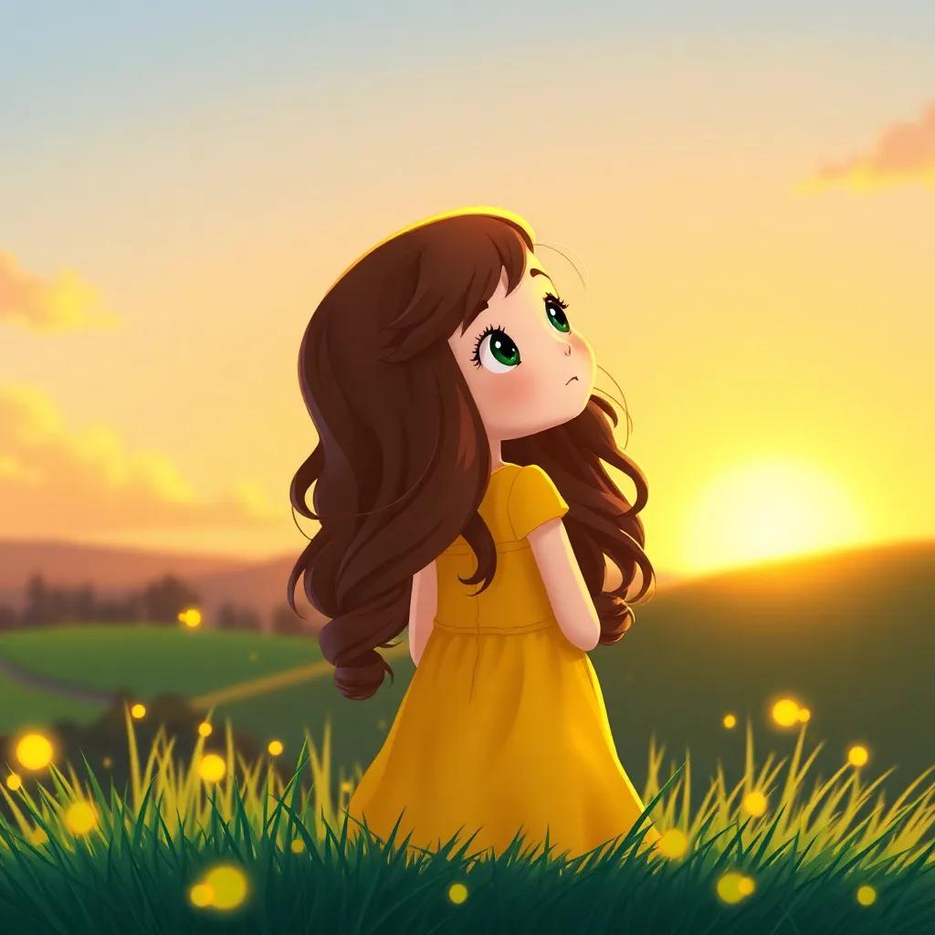 Aurora, a little girl with long, wavy brown hair in a yellow dress, watching the sunrise on a hill with fireflies around her, a new day beginning, fresh colors, warm and uplifting scene, high quality