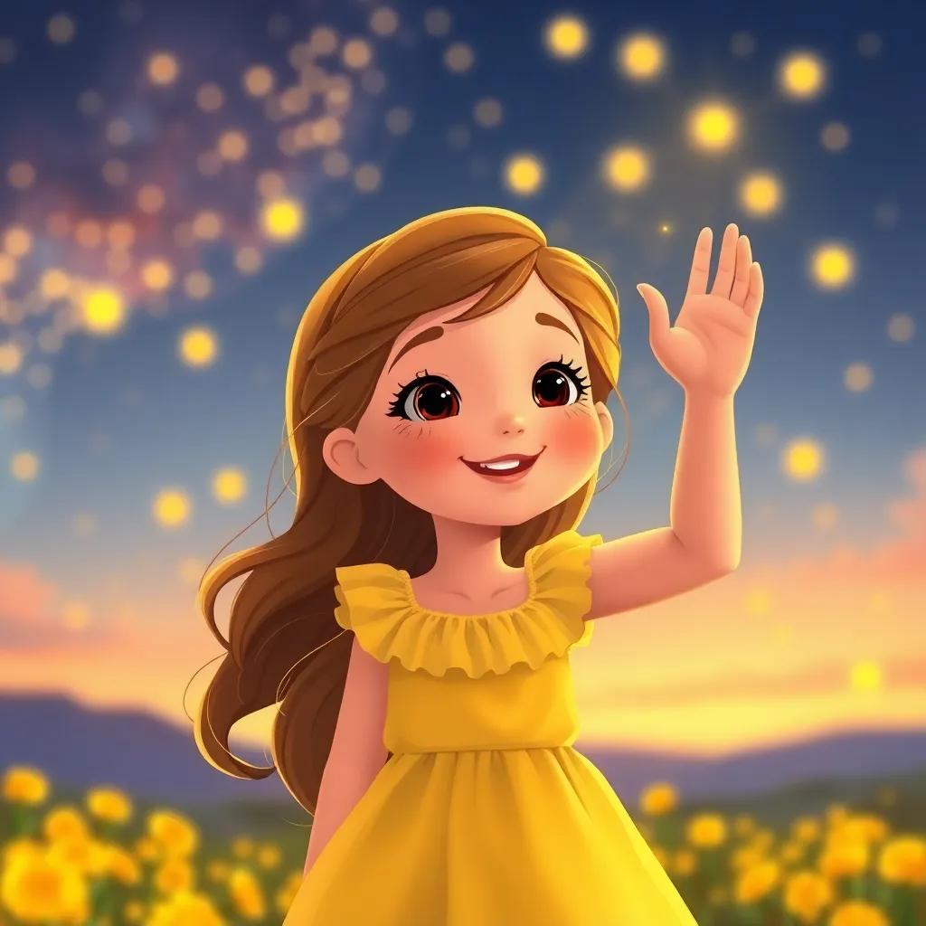 Aurora, a little girl with long, wavy brown hair in a yellow dress, waving goodbye to sparkling fireflies at dawn, joyful expression, a brighter world ahead, peaceful colors, heartwarming farewell, high quality
