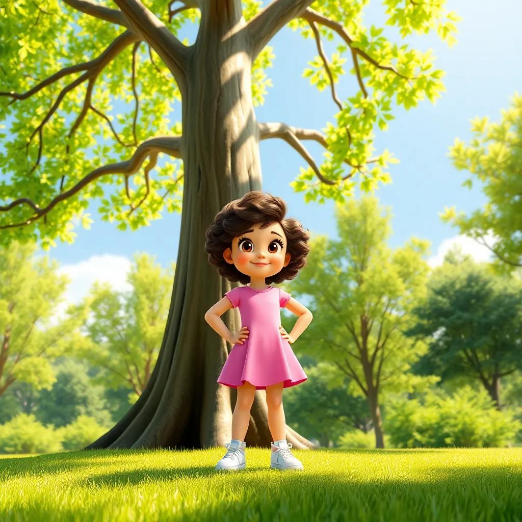 A little girl, Ava, with curly brown hair, wearing a pink dress and white sneakers, standing confidently at the base of a tall tree with bright green leaves, sunny day, child-friendly atmosphere, playful vibe, cheerful colors, digital art, vibrant and inviting scene