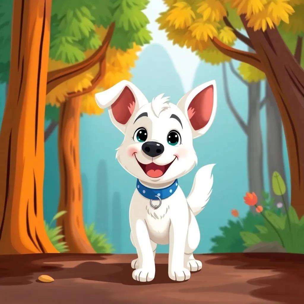 A happy dog named Copito, with white fur and a blue collar, standing at the edge of a colorful forest, excited to start an adventure, bright and cheerful atmosphere, cartoon style, friendly and imaginative