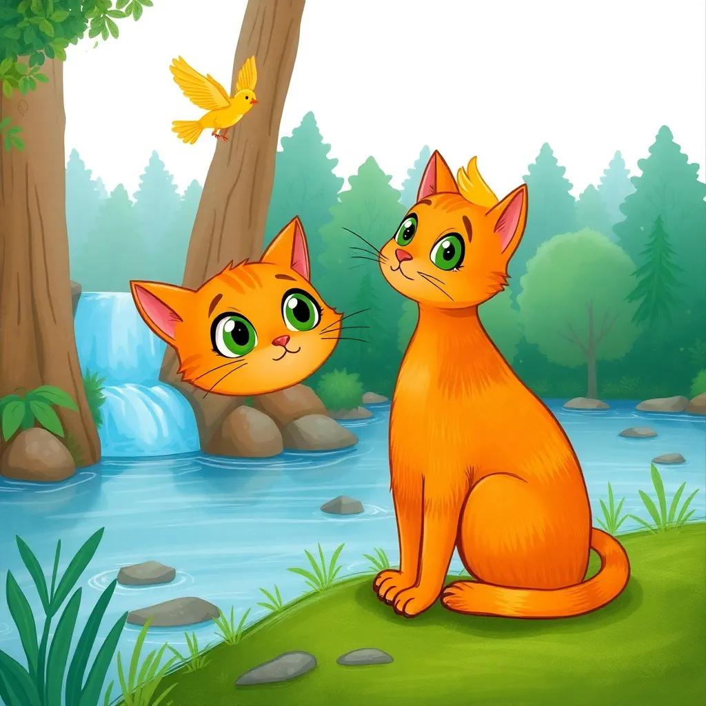 A curious cat named Gato, with orange fur and green eyes, sitting by a river in the forest, watching a little yellow canary named Pío flutter above him, playful and vibrant colors, whimsical art style, engaging scene with nature