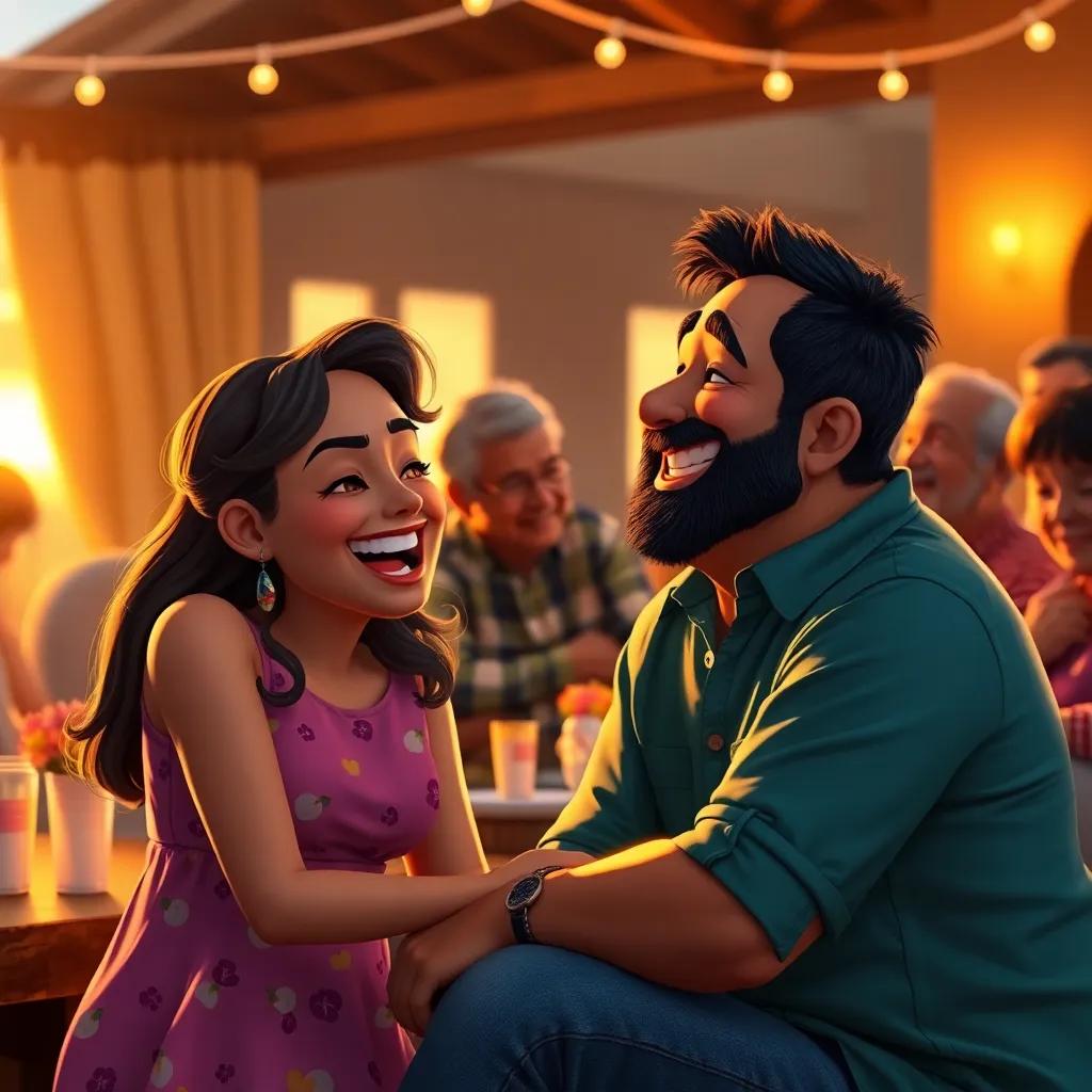 Briana and Fabricio sharing a joyful moment, laughing and talking, colorful family gathering with parents, grandparents, and friends, warm light, sunset atmosphere, heartwarming scene