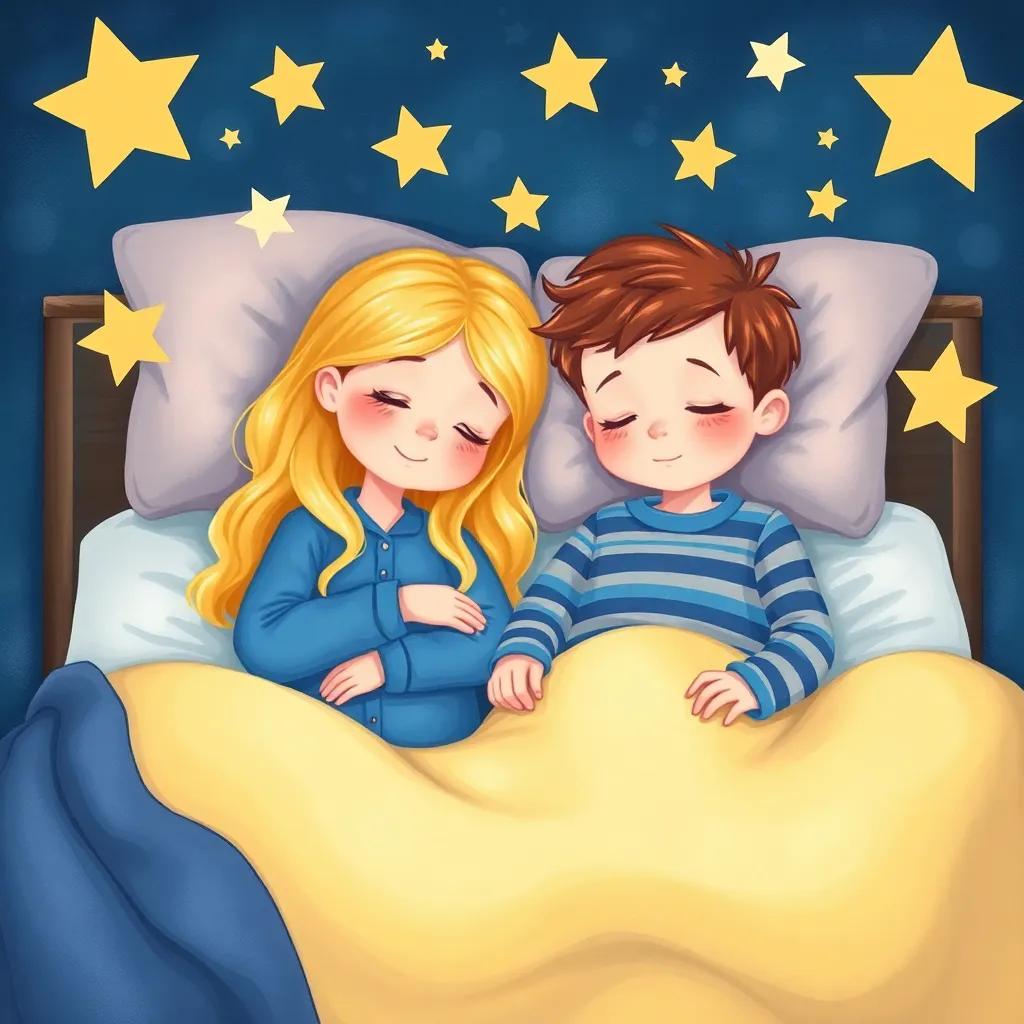 Two siblings, Lina with long blonde hair and blue pajamas, and Max with short brown hair and striped pajamas, comfortably sleeping in the bed, surrounded by sparkling stars, illustration, cozy, friendly, child-friendly