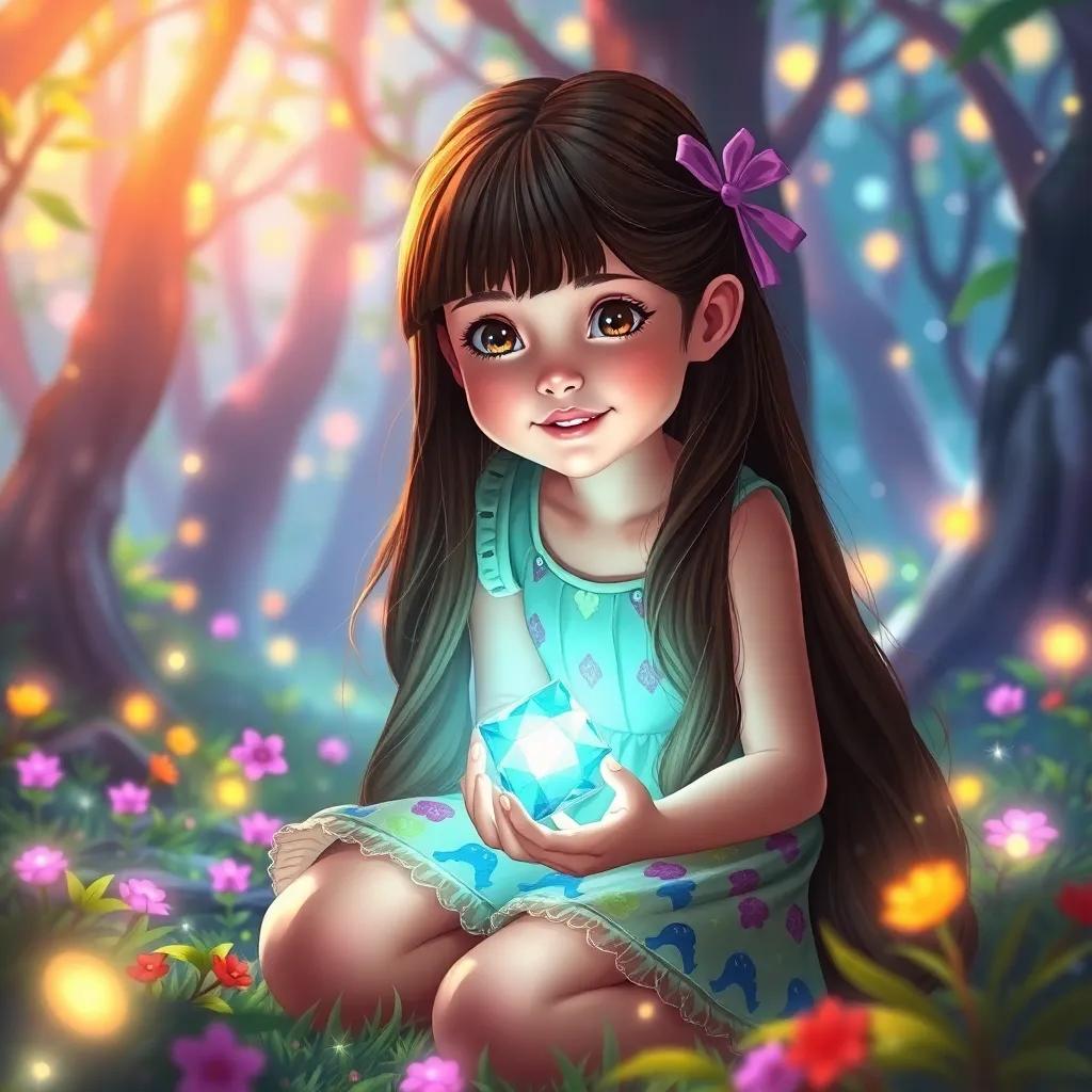 A young girl, Mia, with long brown hair, wearing a colorful dress, kneeling in a bright, whimsical forest, holding a glowing gem in her hand, surrounded by sparkling lights, digital art, joyful colors, magical atmosphere, high quality
