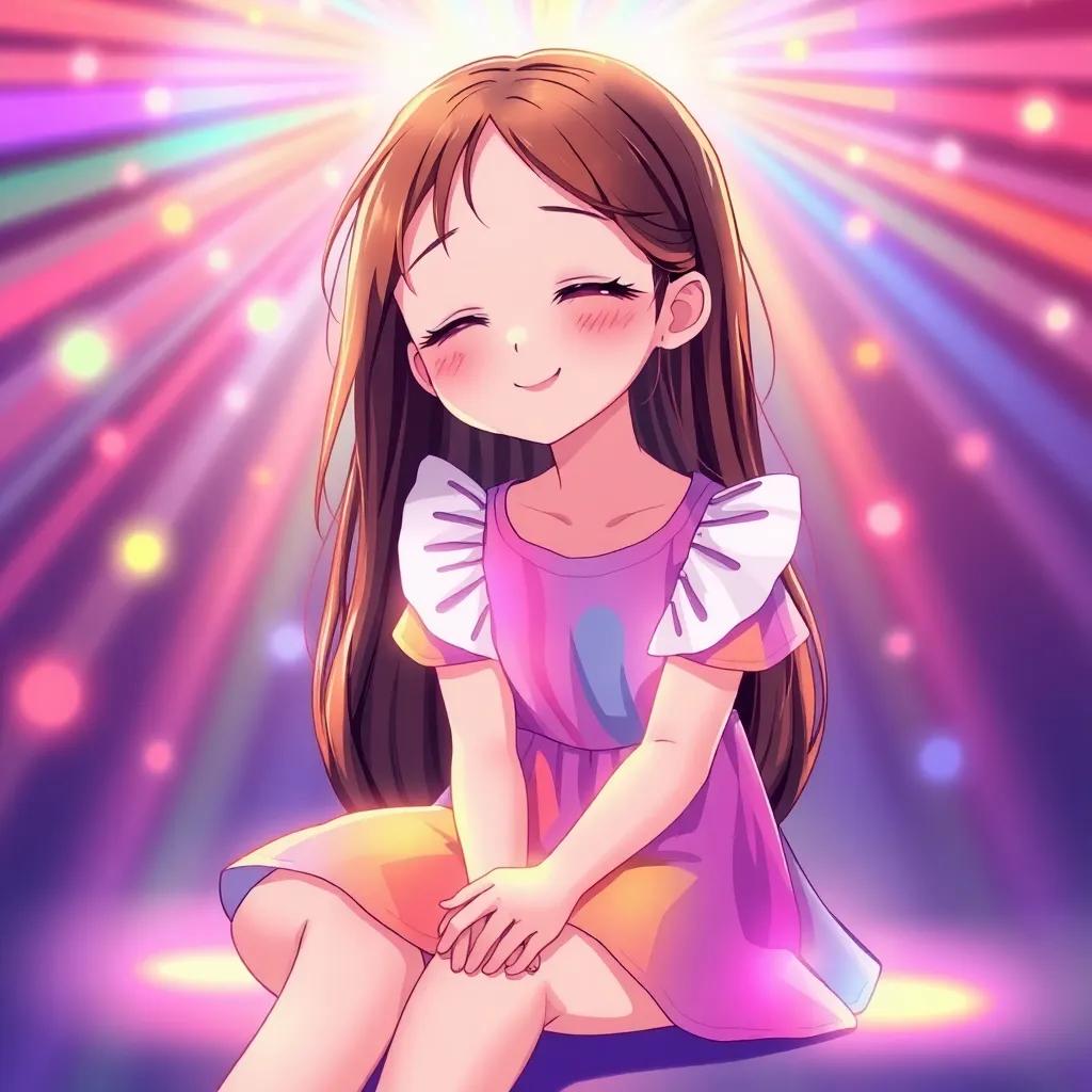 A young girl, Mia, with long brown hair, wearing a colorful dress, sitting peacefully with closed eyes, colorful light vision surrounding her, feeling excited and happy, illustration, vibrant colors, enchanting vibe, high quality