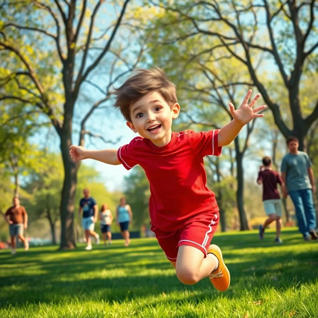 A young Hungarian boy, with short brown hair, wearing a red sports shirt and shorts, running excitedly in a sunny park surrounded by trees and friends, digital art, vibrant colors, cheerful atmosphere, high quality