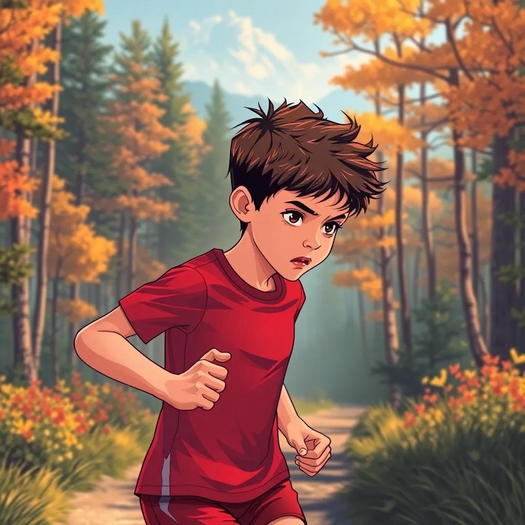 A young Hungarian boy, with short brown hair, wearing a red sports shirt and shorts, sweating and looking determined while running in a beautiful forest trail, illustration, warm colors, motivational feeling, dynamic imagery