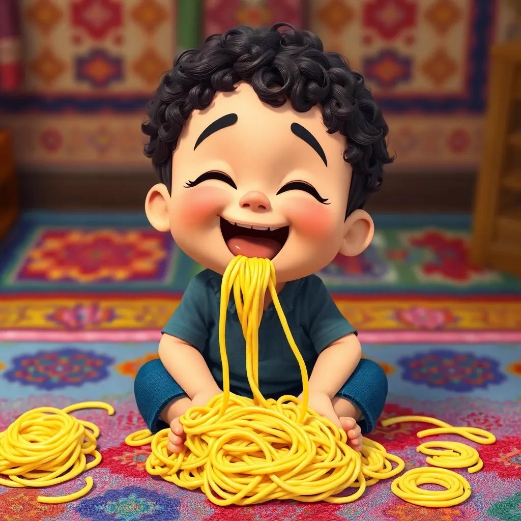 A funny little boy, Azboul, with short curly hair, sitting on a colorful rug, surrounded by spaghetti, laughing and slurping noodles, digital art, cheerful, bright colors, playful atmosphere, high quality
