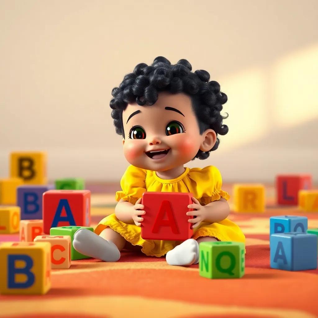 A cheerful toddler, Baby Lana, with curly black hair, wearing a bright yellow dress, sitting on a colorful carpet surrounded by alphabet blocks, holding a red block labeled 'A', joyful expression, soft lighting, vibrant colors, playful atmosphere, high quality
