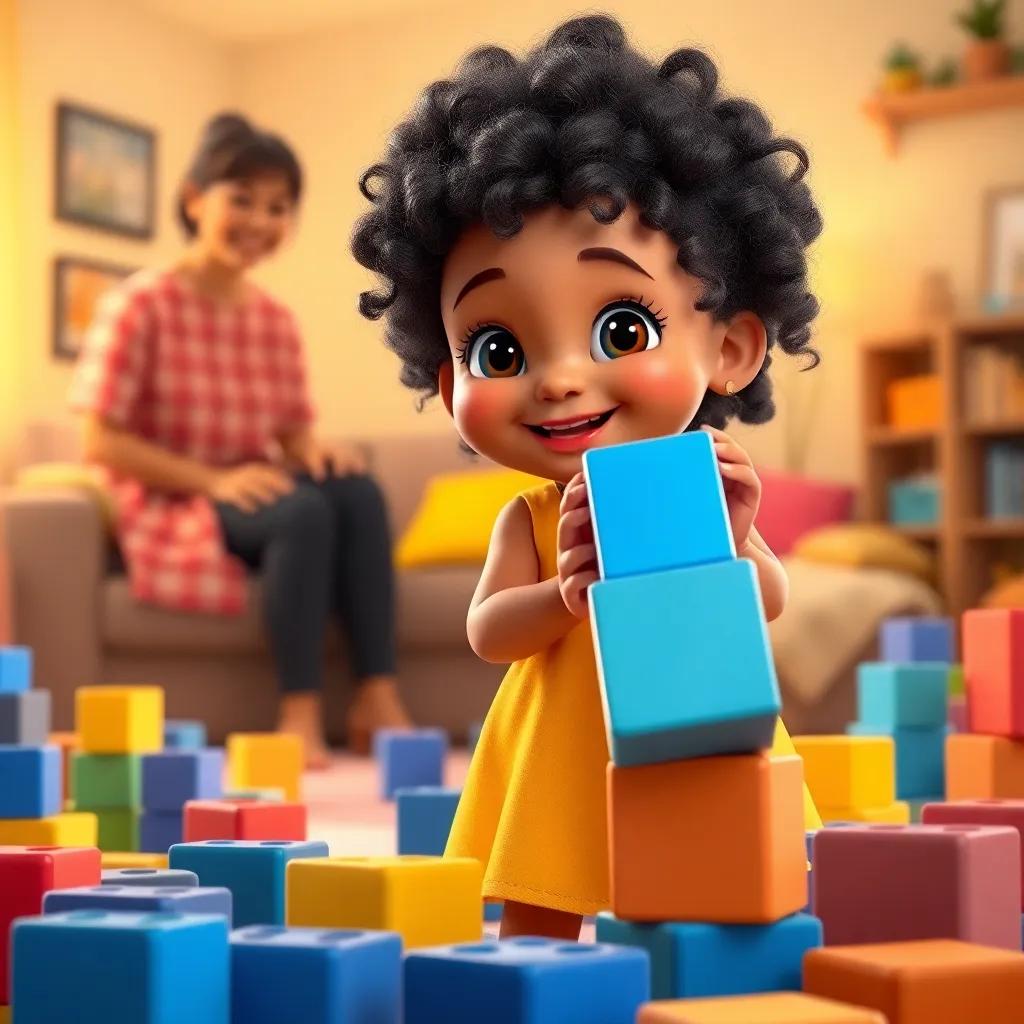 Baby Lana, with curly black hair in a bright yellow dress, picking up a blue block and smiling, her mother in the background encouraging her, a cozy living room filled with more blocks, warm light, colorful and inviting, cheerful mood, high quality