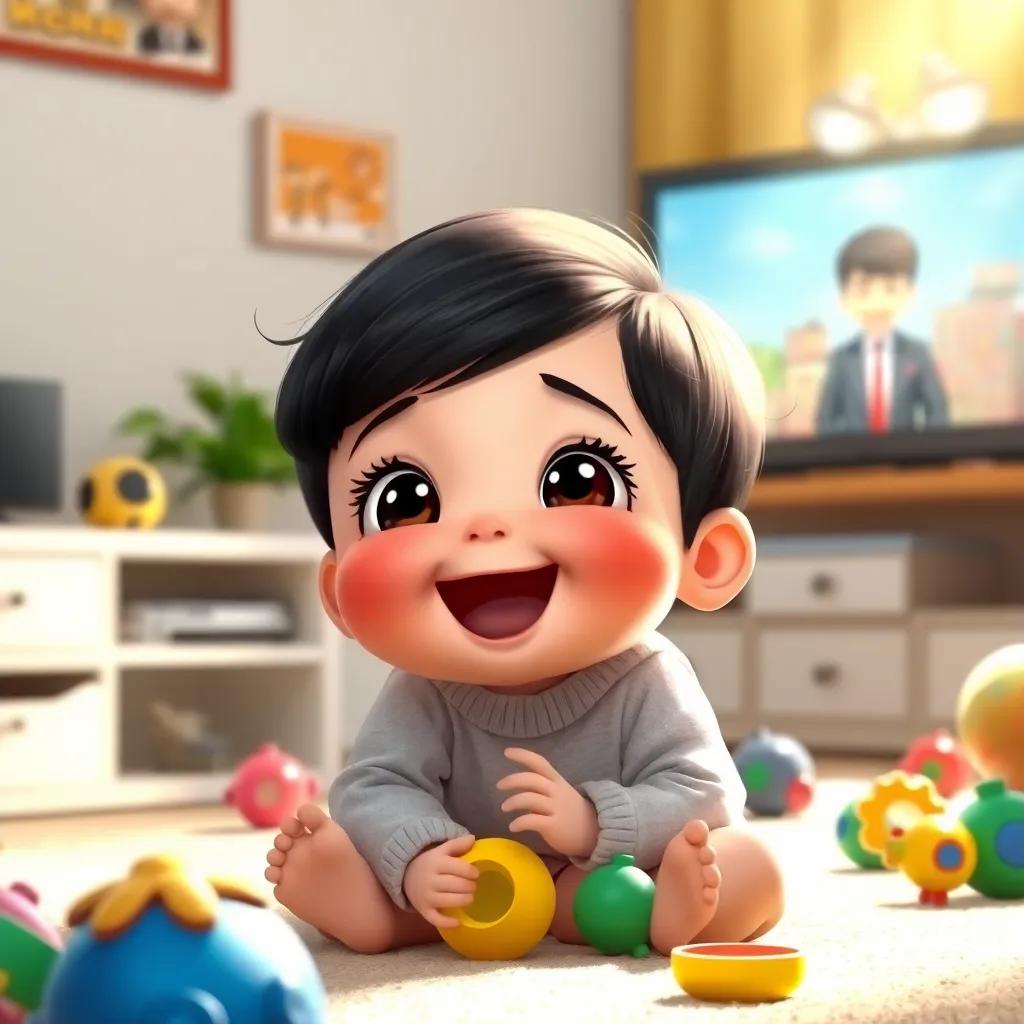 A small baby, Mia, with big eyes and tiny hands, giggling while watching Mr. Bean on the TV, colorful toys around her, bright sunlight streaming in, happy scene, detailed illustration, playful and inviting mood, high quality