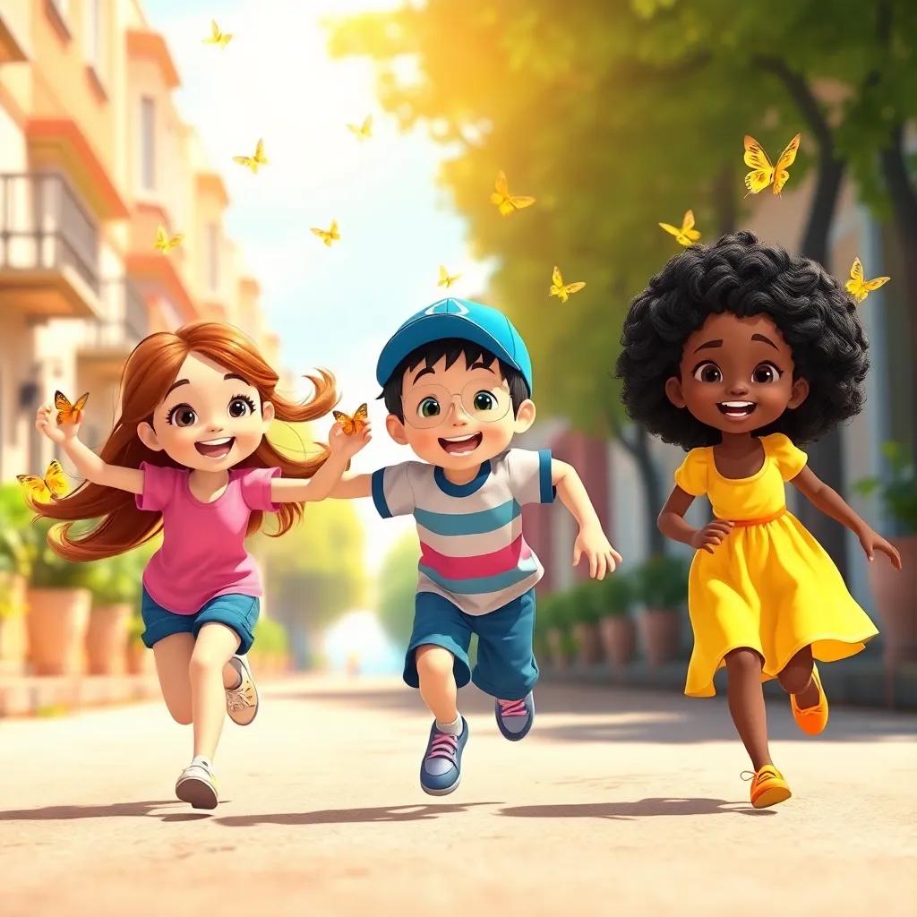 A group of three happy children, Mia, a young girl with long brown hair wearing a pink t-shirt, Leo, a young boy with short black hair wearing a blue cap, and Riya, a young girl with curly black hair wearing a yellow dress, running down a sunny street, butterflies flying around them, joyful mood, bright colors, cheerful atmosphere, high quality