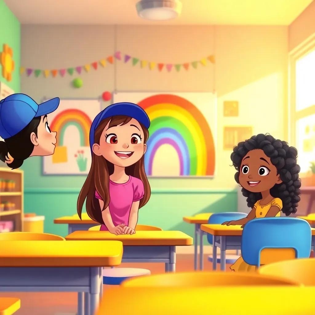 Inside a vibrant classroom filled with colorful decorations, Mia, a young girl with long brown hair wearing a pink t-shirt, Leo, a young boy with short black hair wearing a blue cap, and Riya, a young girl with curly black hair in a yellow dress, sitting at their desks, looking excited, smiling at a big poster of a rainbow on the wall, warm lighting, inviting atmosphere, detailed illustration