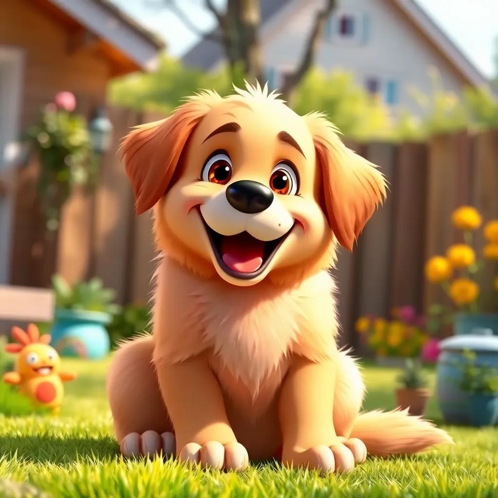 A cheerful dog, Barkley, a golden retriever with fluffy fur, sitting in a sunny backyard, looking playful and eager, bright colors, warm light, cheerful background, digital art, high quality