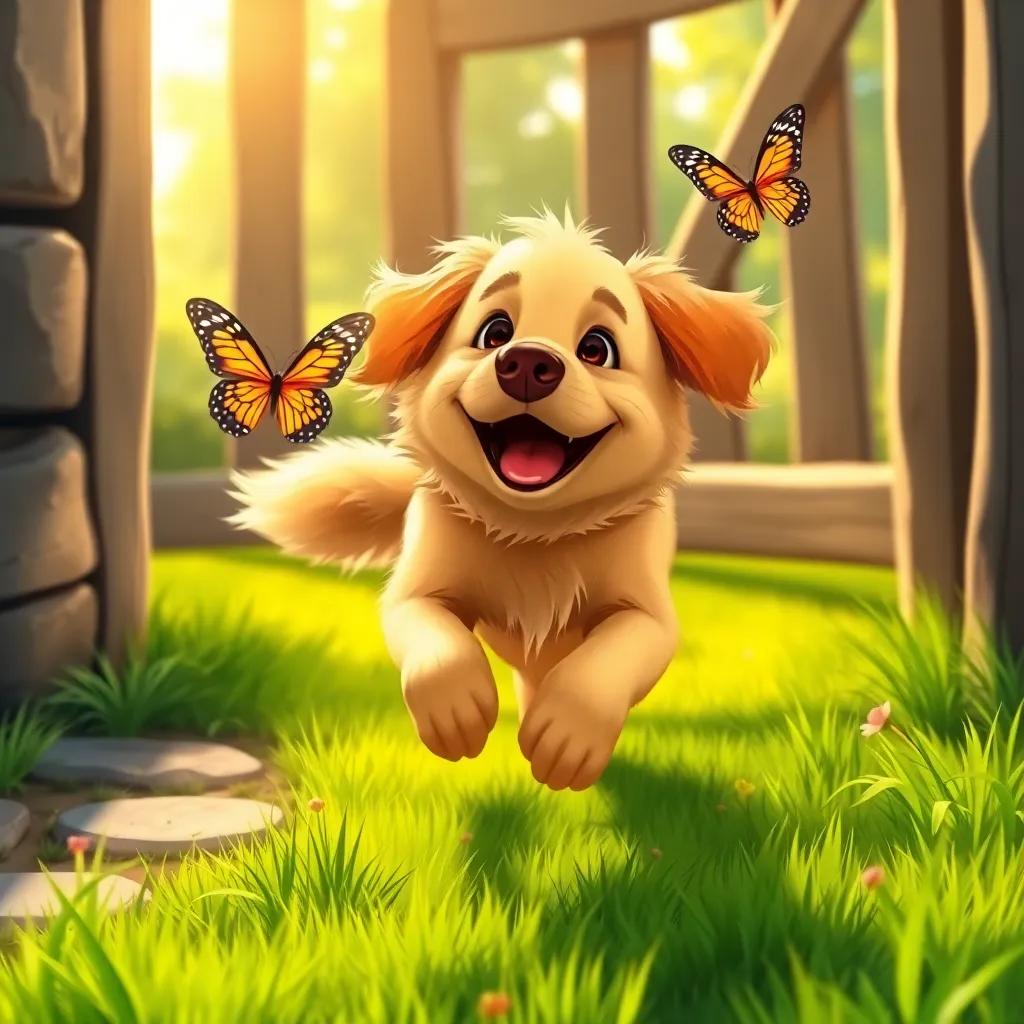 A golden retriever, Barkley, with fluffy fur, happily running outside the gate chasing a colorful butterfly, green grass, warm sunlight, joyful atmosphere, illustration, vibrant colors, adventurous perspective, child-friendly