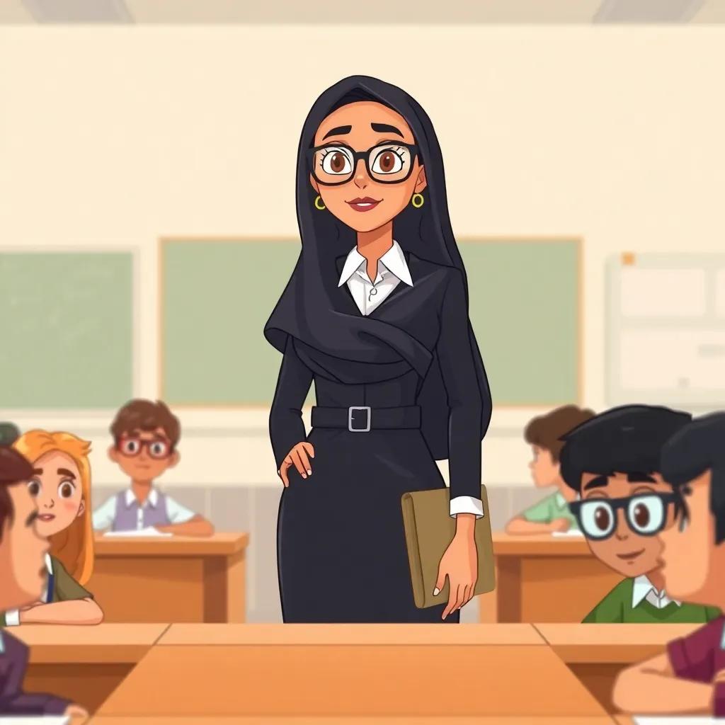 Mrs. Noor Ali, a stern Arab woman, with smart glasses and a formal dress, standing in a classroom filled with eager students, focused and serious, illustration, educational, sharp details, clear perspective