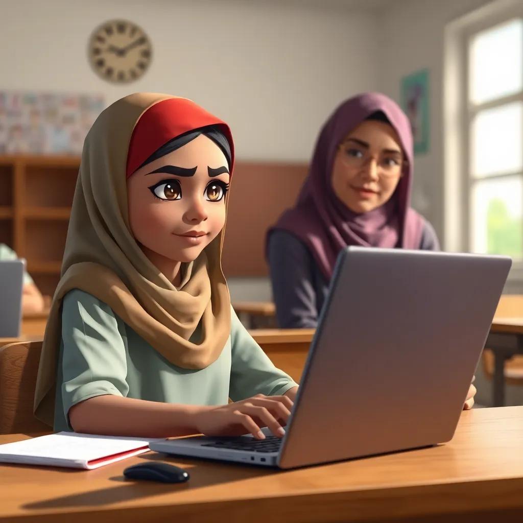 Bashayer, an Omani girl with determination, typing on her laptop with furrowed brows in a classroom; Mrs. Noor observing critically, natural lighting, focused atmosphere, realistic art, vibrant colors