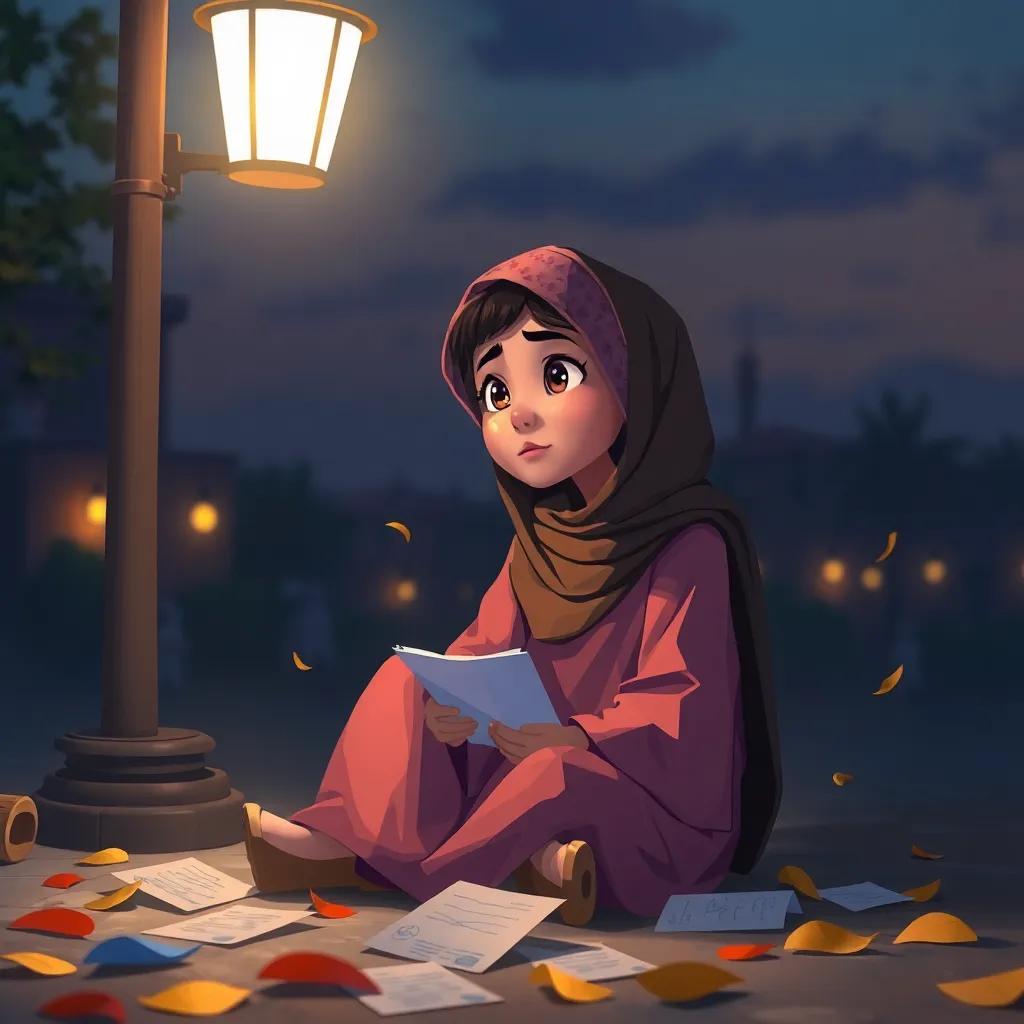 Bashayer, an Omani girl, sitting under a streetlamp at dusk, surrounded by her notes scattered like leaves, looking contemplative and hopeful, digital painting, soft light, warm colors, an inspiring scene