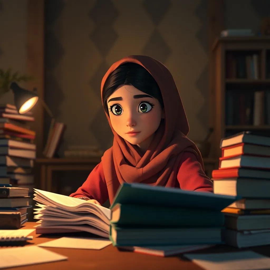 Bashayer, an Omani girl, working late at night with piles of books and notes, looking determined with a soft warm light highlighting her features, digital art, cozy atmosphere, focused perspective