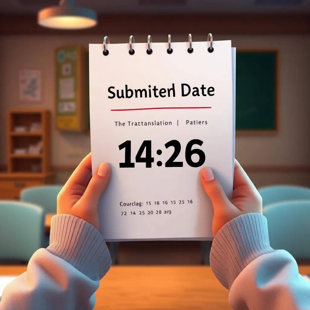 A calendar page marking the submission date, with Bashayer's trembling hands holding a translation paper, the background showing an inviting classroom, illustrative art, detailed design, emotional tone